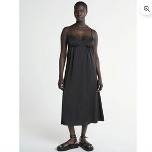 Satin Black Midi Slip Dress with Spaghetti Straps